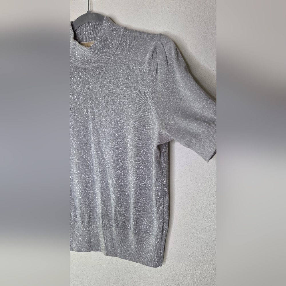 Michael Kors Metallic Silver Mock Neck Short-Sleeve Sweater - Size Large - Picture 6 of 15